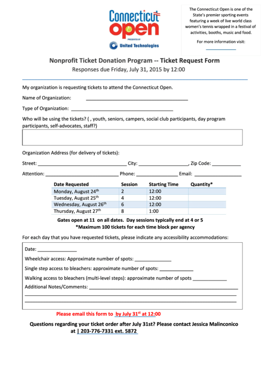 Fillable Nonprofit Ticket Donation Program - Ticket Request Form Printable pdf