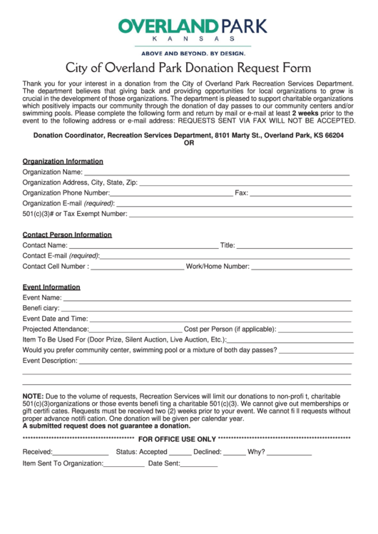 Fillable Donation Request Form - City Of Overland Park Printable pdf