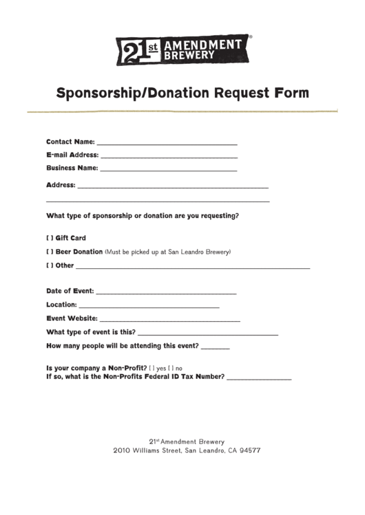 Sponsorship Donation Request Form - 21st Amendment Brewery Printable pdf