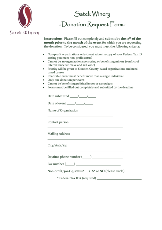 Satek Winery Donation Request Form Printable pdf