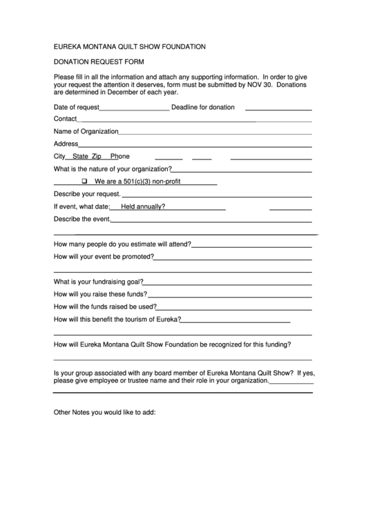 Donation Request Form - Eureka Montana Quilt Show Printable pdf