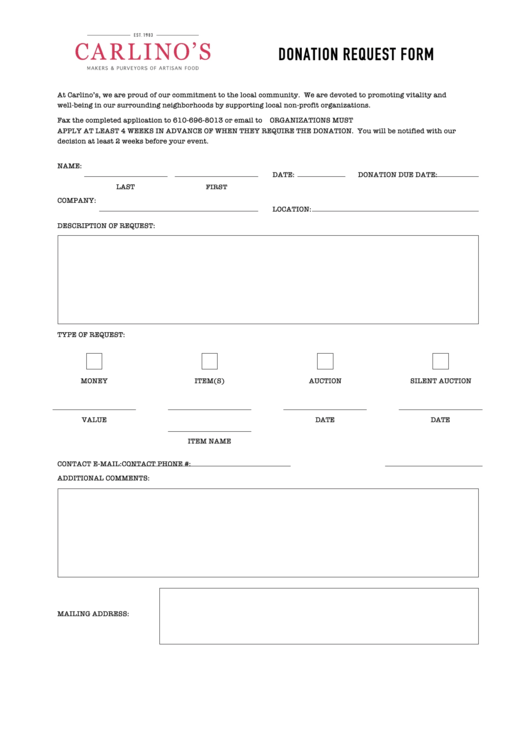 Donation Request Form - Carlinos Market Printable pdf