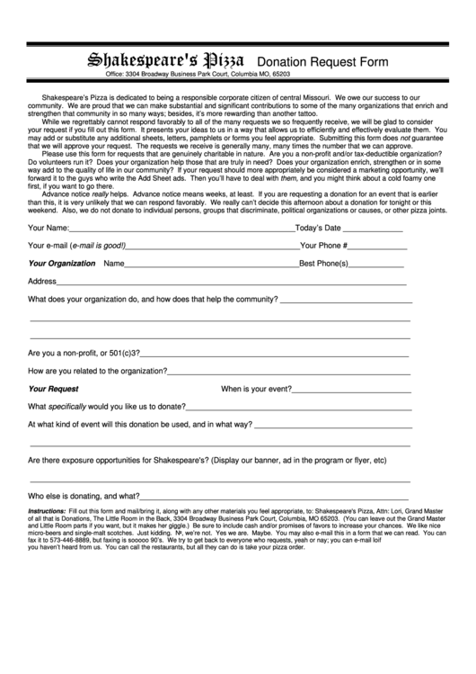 Donation Request Forms - Shakespeares Pizza Printable pdf