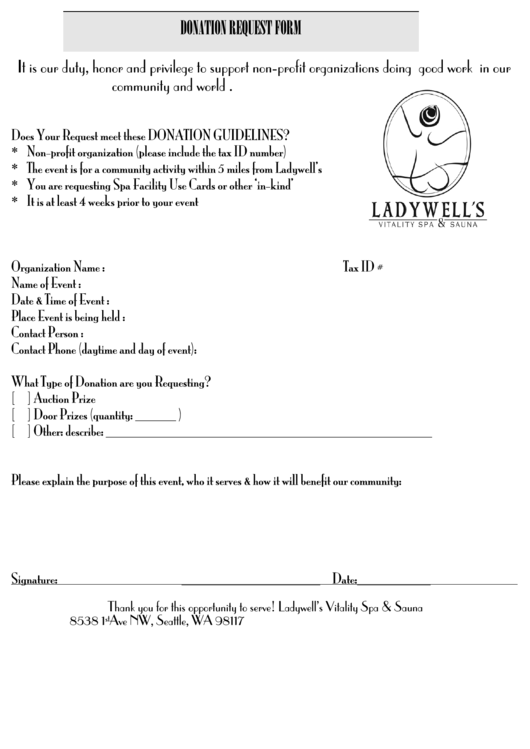 Donation Request Form - Ladywells Vitality Spa & Sauna Printable pdf