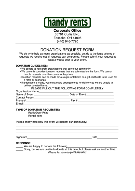 Donation Request Form - Handy Rents Printable pdf