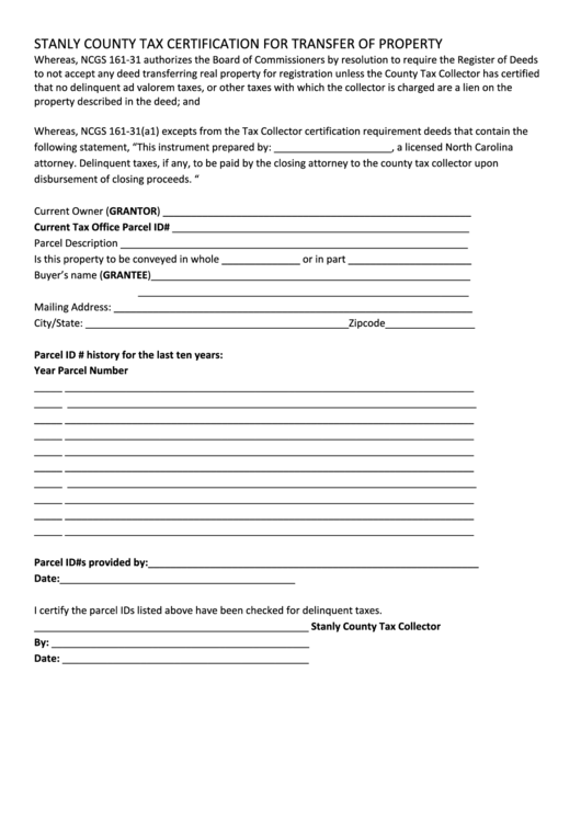 Stanly County Tax Certification Form - Stanly County, North Carolina Printable pdf