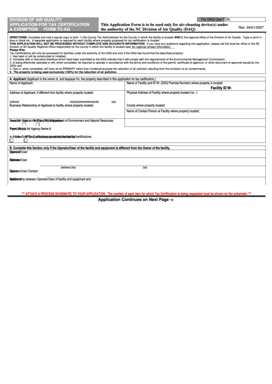 Division Of Air Quality Application For Tax Certification Printable pdf