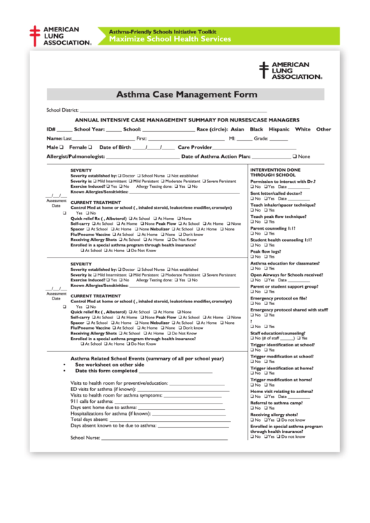 Asthma Case Management Form Printable pdf