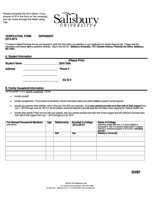 Fillable Verification Form Dependent Salisbury University Printable pdf