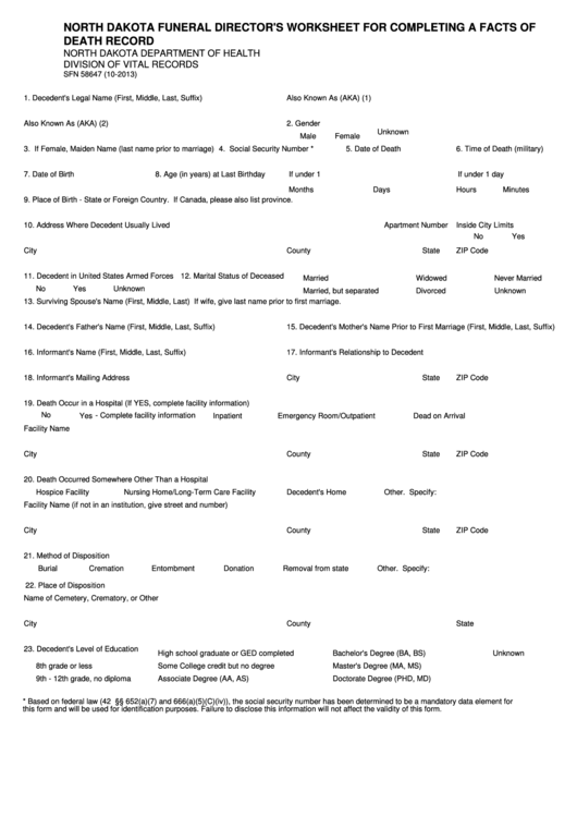 Fillable Form Sfn 58647 - Funeral Directors Worksheet For Completing A Facts Of Death Record Printable pdf