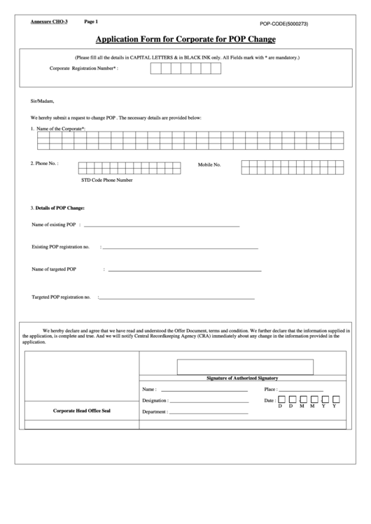Fillable Application Form For Corporate For Pop Change Printable pdf