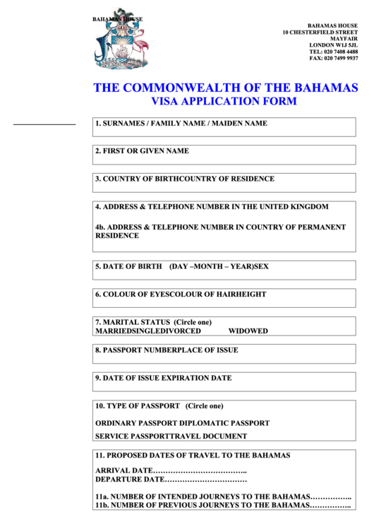 Fillable The Commonwealth Of The Bahamas Visa Application Form Printable pdf