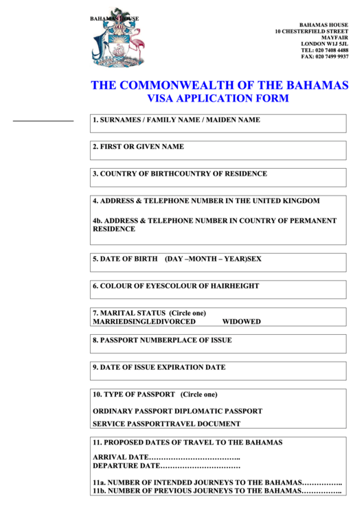 Fillable The Commonwealth Of The Bahamas Visa Application Form Printable Pdf Download