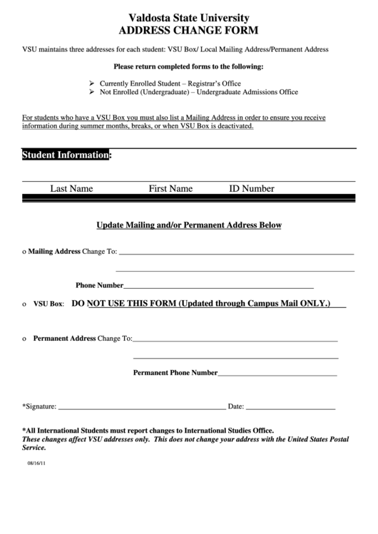 Change Of Address Form - Valdosta State University Printable pdf