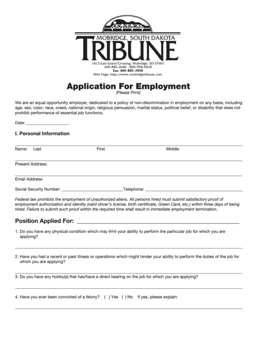 Fillable Tribune Job Application Form Mobridge Tribune Printable pdf