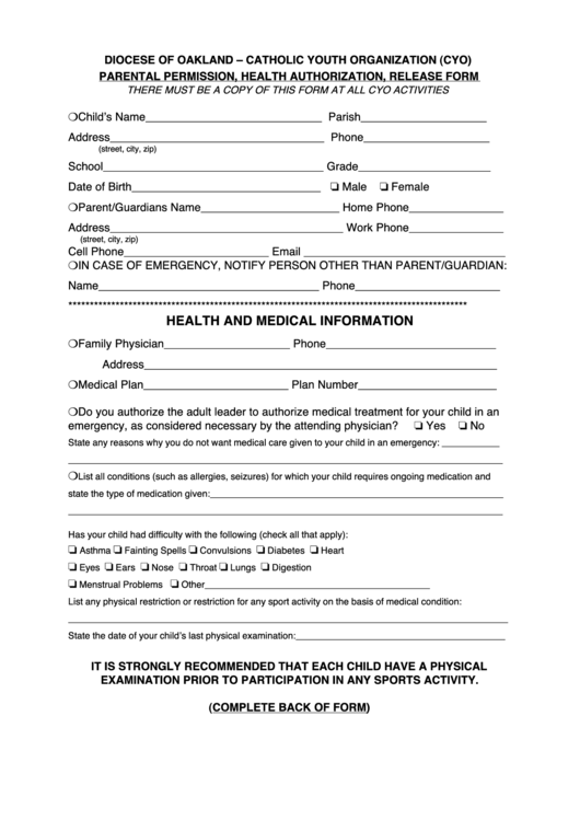 Fillable Cyo Parental Permission And Health Authorization Form ...