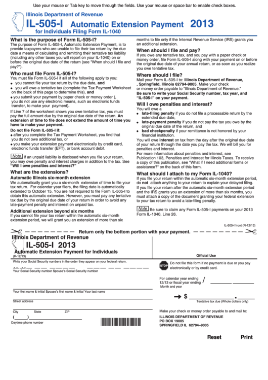 Form Il-505-I - Automatic Extension Payment For Individuals - 2013 Printable pdf