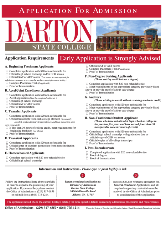 Application For Admission - Darton State College Printable pdf