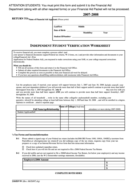 Fillable Independent Student Verification Worksheet Printable pdf