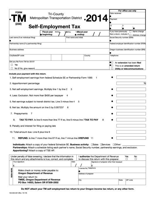 Fillable Form Tm (230) - Self-Employment Tax - 2014 Printable pdf