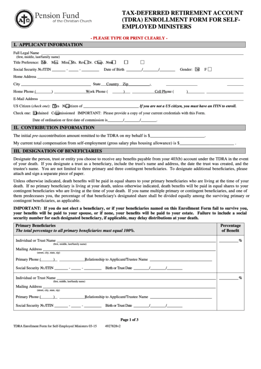 Fillable Tax-Deferred Retirement Account (Tdra) Enrollment Form For Selfemployed Ministers Printable pdf