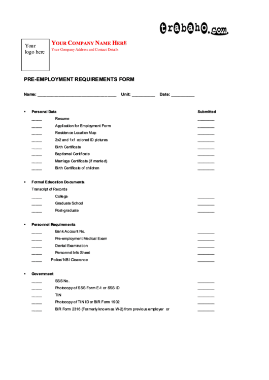 Pre Employment Requirements Form Printable pdf