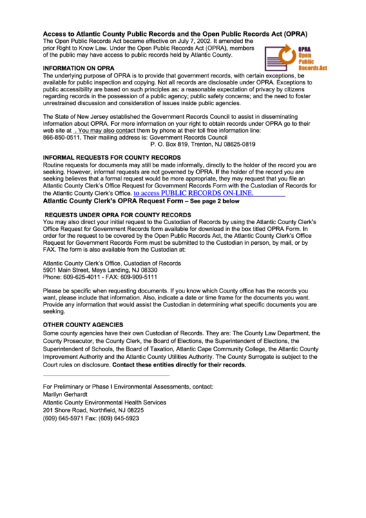 Opra Request Information - Atlantic County Clerk Printable pdf