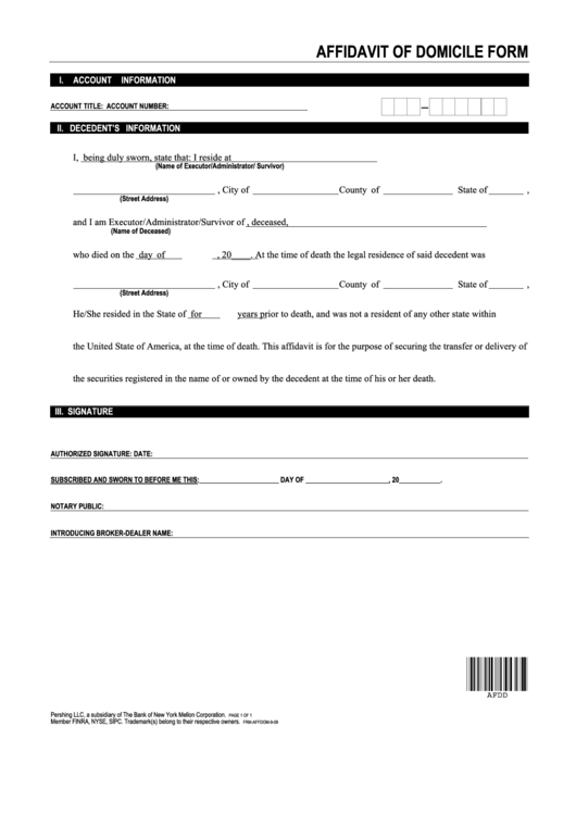 Fillable Affidavit Of Domicile Form Printable pdf
