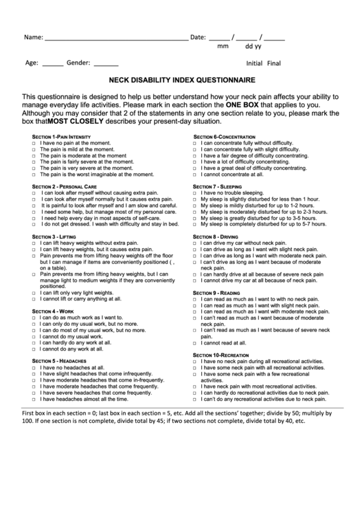Fillable Neck Disability Index Questionnaire Form Printable pdf