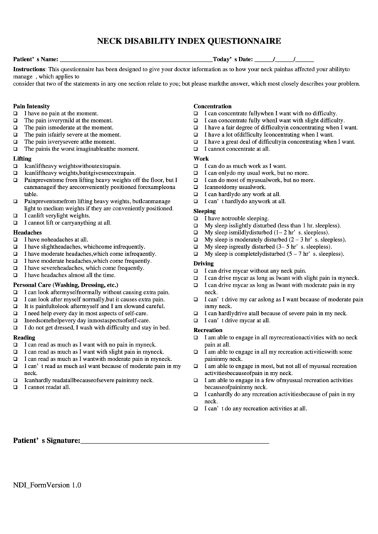 Neck Disability Index Questionnaire Printable Pdf Download