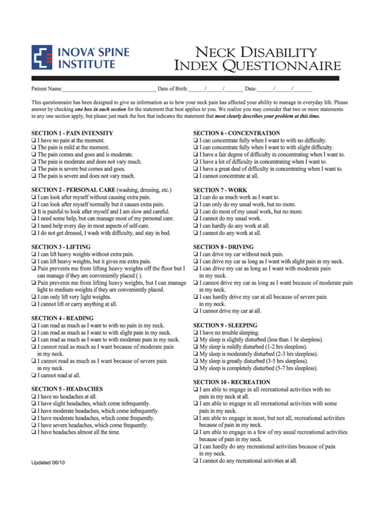 Fillable Neck Disability Index Questionnaire Template Printable pdf