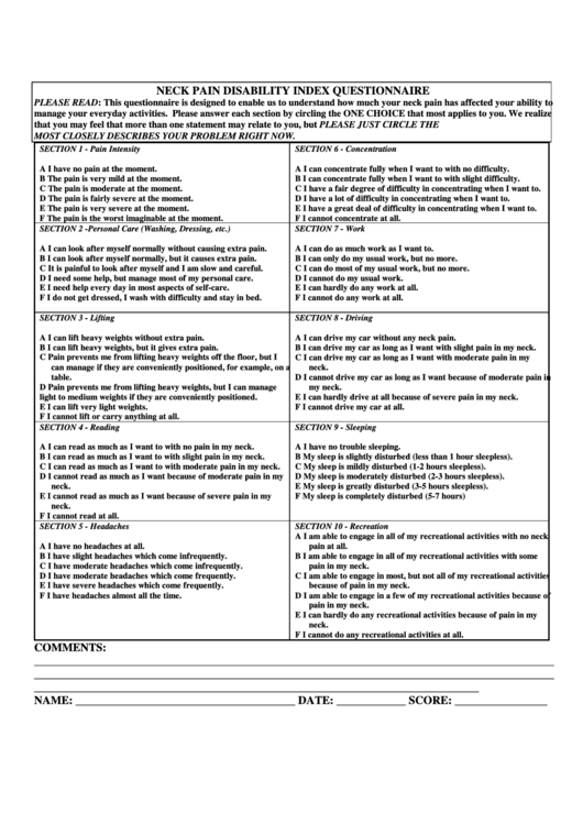 Neck Pain Disability Index Questionnaire Printable pdf