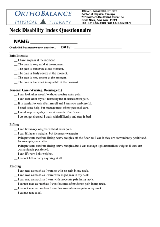 Neck Disability Index Questionnaire - Orthobalance Physical Therapy Printable pdf