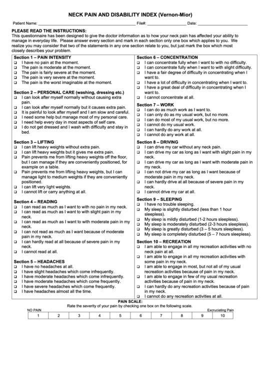 Neck Pain And Disability Index (Vernon-Mior) Questionnaire Template Printable pdf