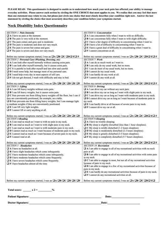 Neck Disability Index Questionnaire, Revised Oswestry Back Pain Disability Index Printable pdf