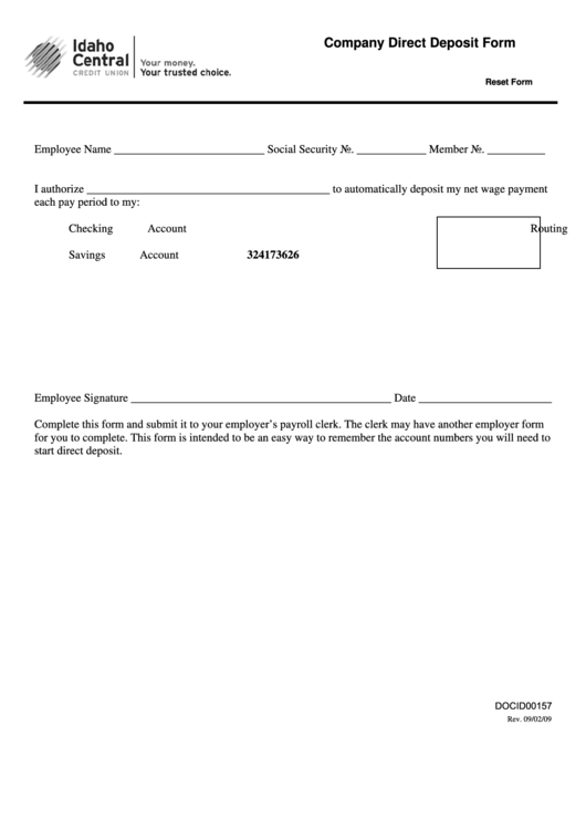 Fillable Company Direct Deposit Form Printable pdf
