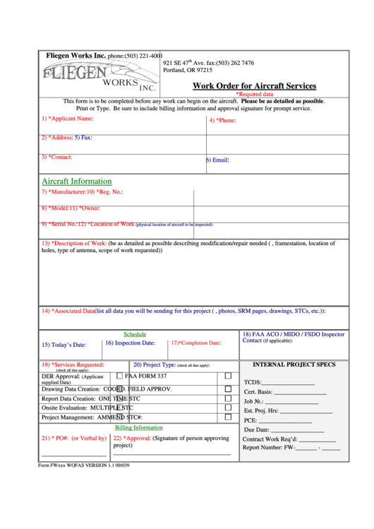 Work Order For Aircraft Services Printable pdf