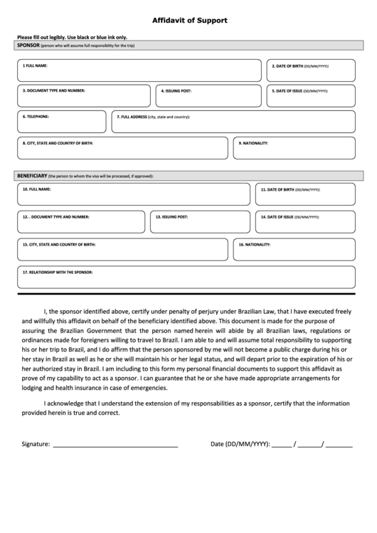 Affidavit Of Support Printable pdf