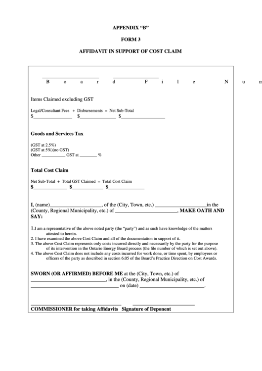 Affidavit In Support Of Cost Claim Printable pdf
