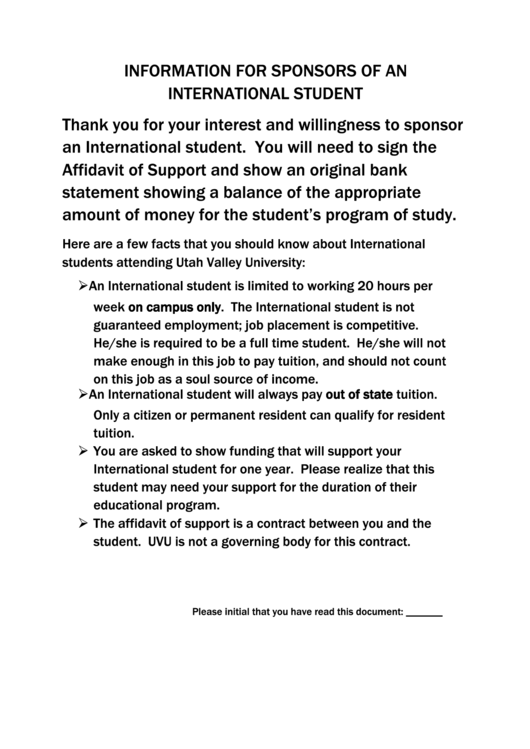 Fillable Affidavit Of Support From - Utah Valley University Printable pdf