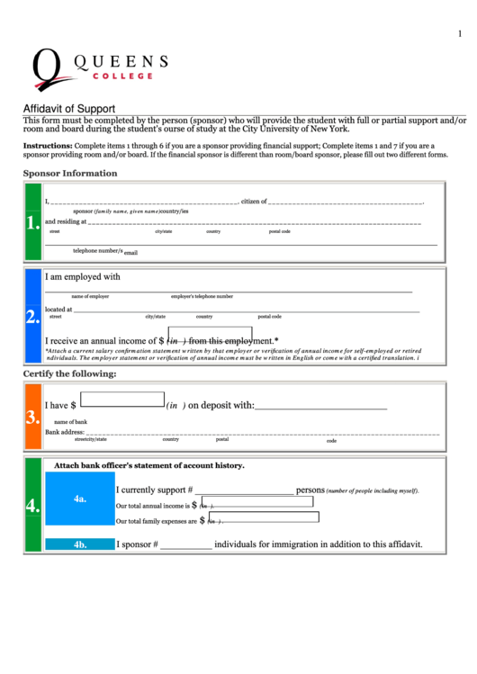 Fillable Affidavit Of Support Printable pdf