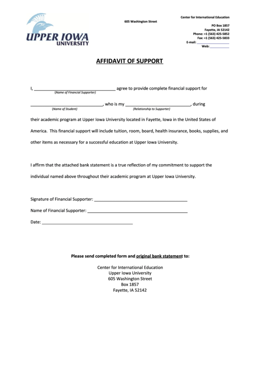 Fillable Affidavit Of Support - Upper Iowa University Printable pdf