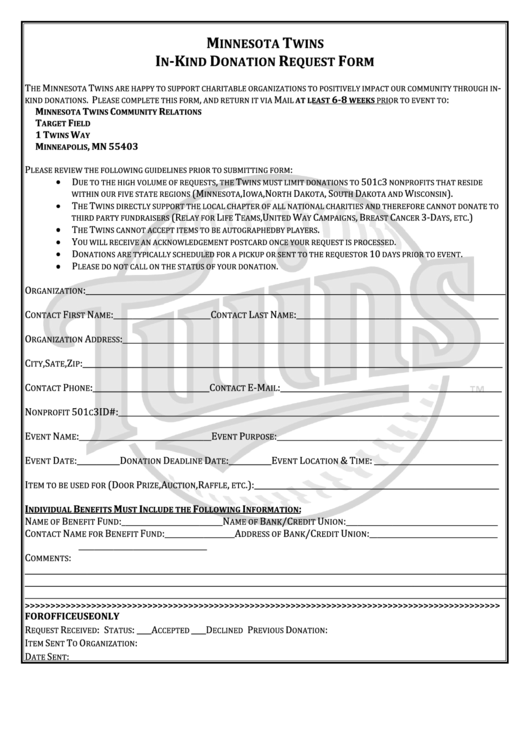 Minnesota Twins In Kind Donation Request Form Printable pdf