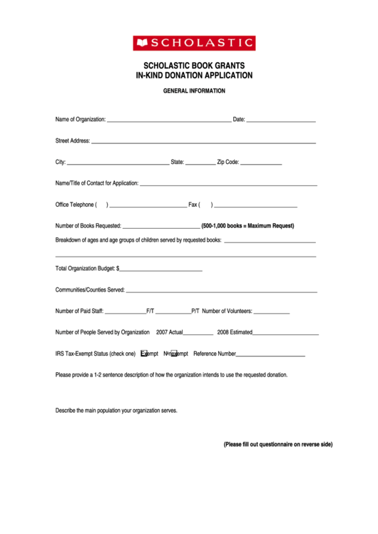 Scholastic Book Grants In Kind Donation Application Printable pdf