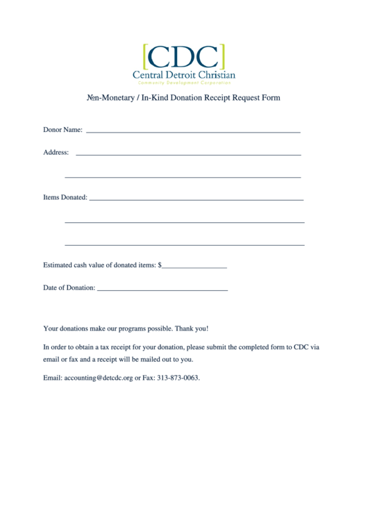 Nonmonetary In Kind Donation Receipt Request Form Printable pdf