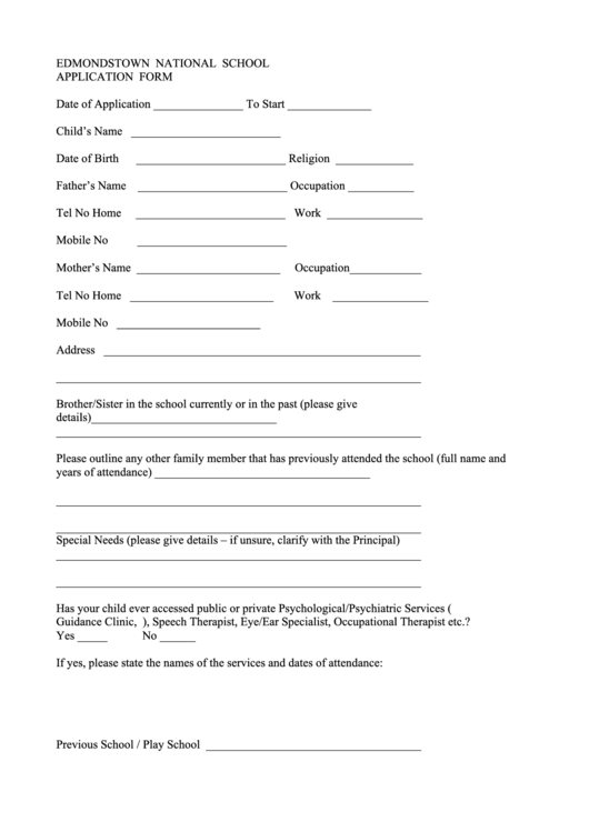 Edmondstown National School Application Form Printable pdf