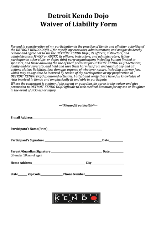 Fillable Detroit Kendo Dojo Waiver Of Liability Form Printable pdf