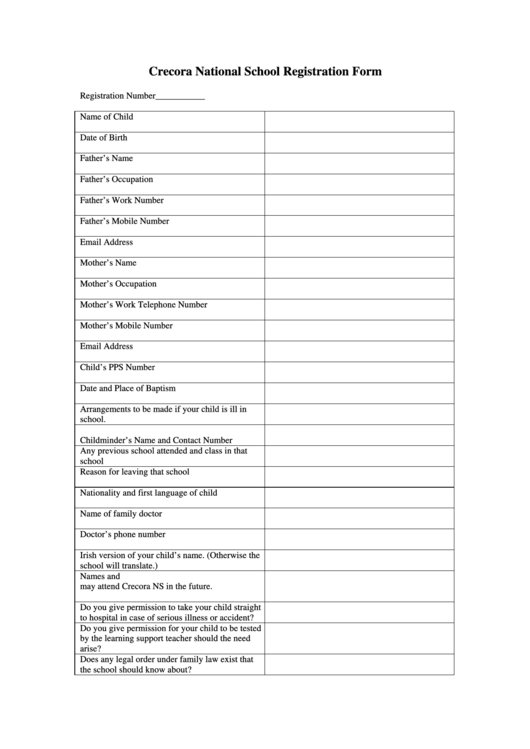 Crecora National School Registration Form Printable pdf
