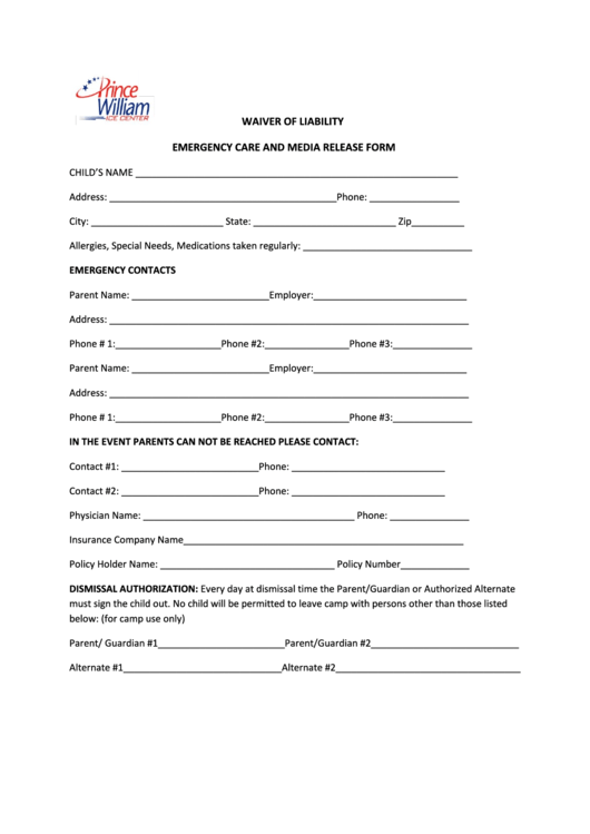 Waiver Of Liability Emergency Care And Media Release Form Printable pdf