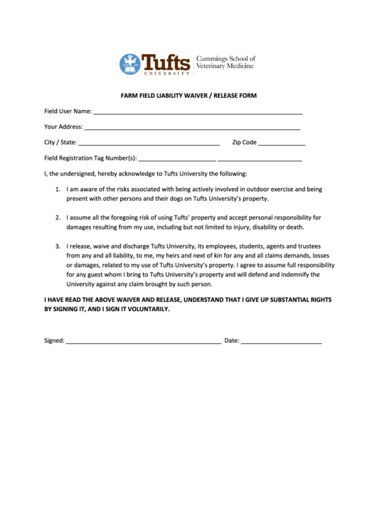 Farm Field Liability Waiver Release Form printable pdf download